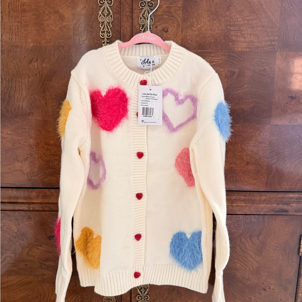 Lola + The Boys Cream Cardigan with Multicolor Fuzzy Hearts